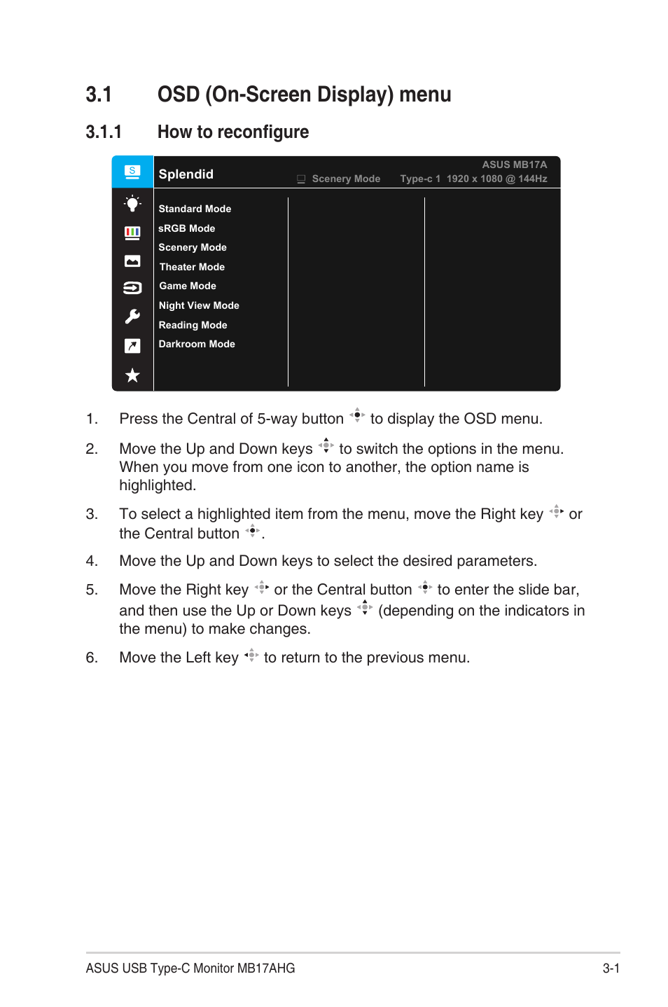 1 osd (on-screen display) menu, 1 how to reconfigure, Osd (on-screen display) menu -1 | How to reconfigure | Asus ZenScreen MB17AHG 17.3" 144 Hz Portable Monitor User Manual | Page 14 / 27