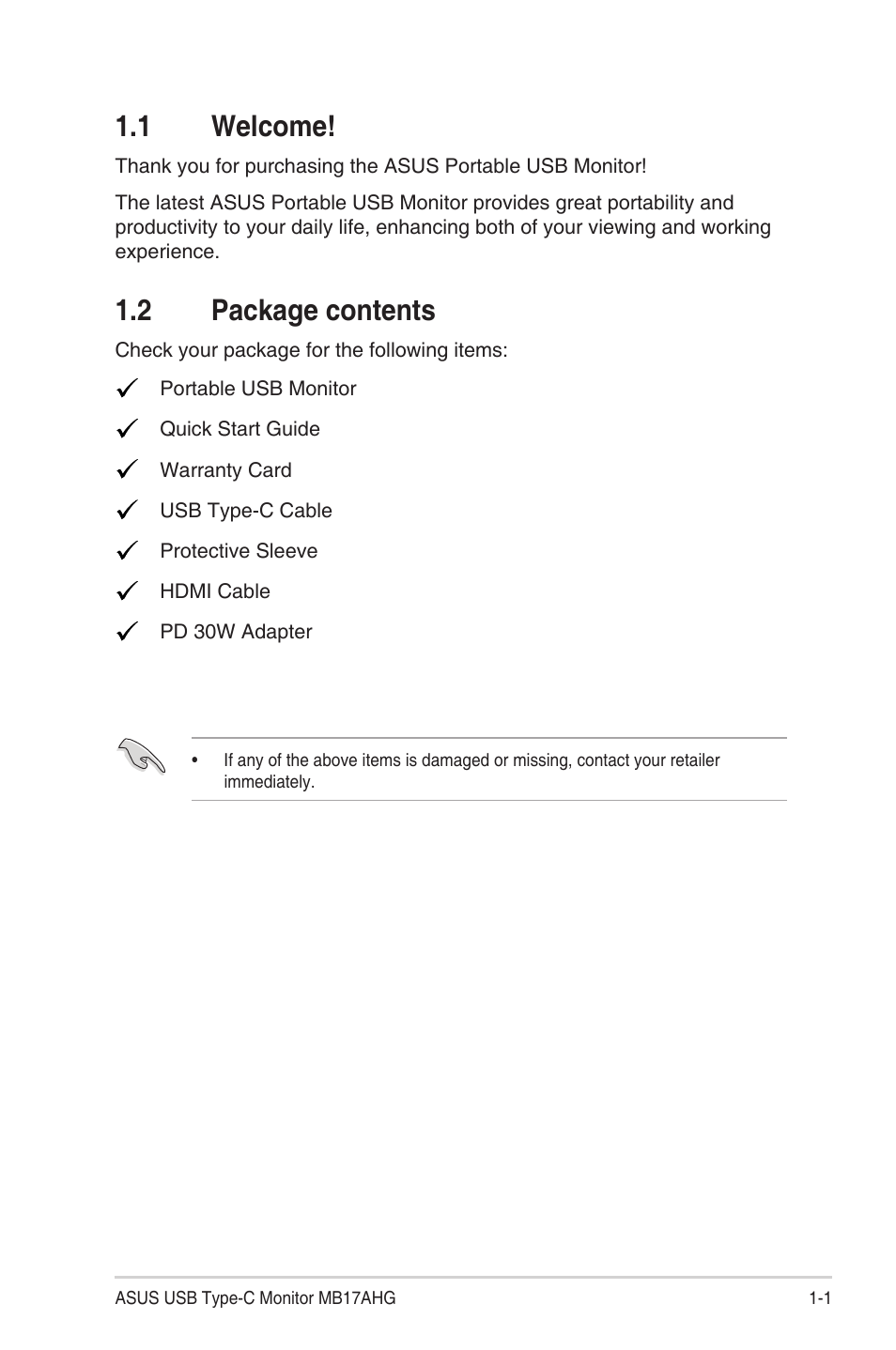 1 welcome, 2 package contents, 1 welcome! -1 1.2 | Package contents -1 | Asus ZenScreen MB17AHG 17.3" 144 Hz Portable Monitor User Manual | Page 8 / 27