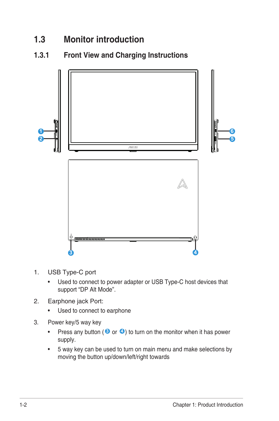 3 monitor introduction, 1 front view and charging instructions, Monitor introduction -2 | Front view and charging instructions -2 | Asus ZenScreen MB17AHG 17.3" 144 Hz Portable Monitor User Manual | Page 9 / 27