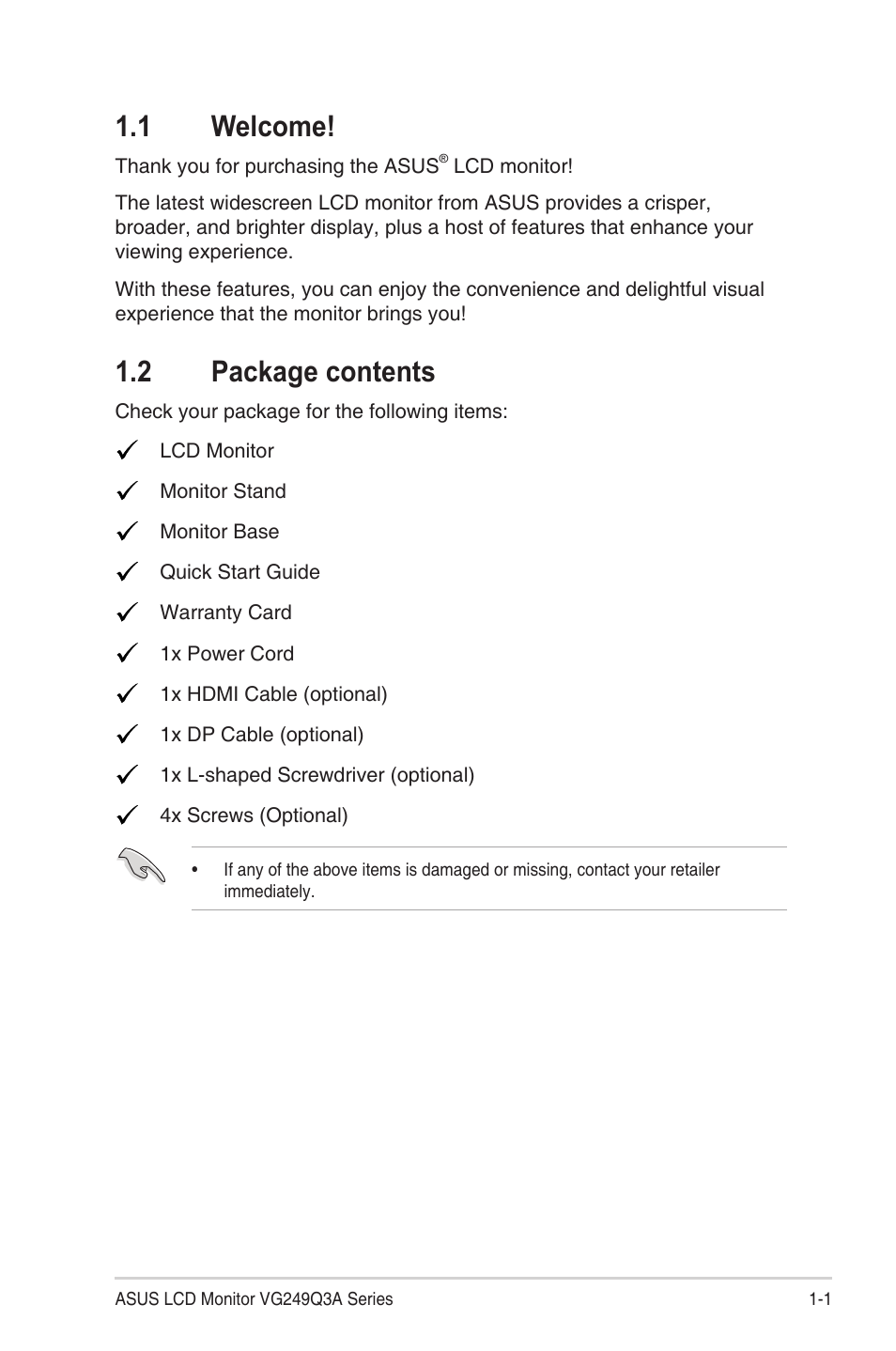 1 welcome, 2 package contents, 1 welcome! -1 1.2 | Package contents -1 | Asus TUF Gaming VG249Q3A 23.8" 180 Hz Gaming Monitor User Manual | Page 10 / 26