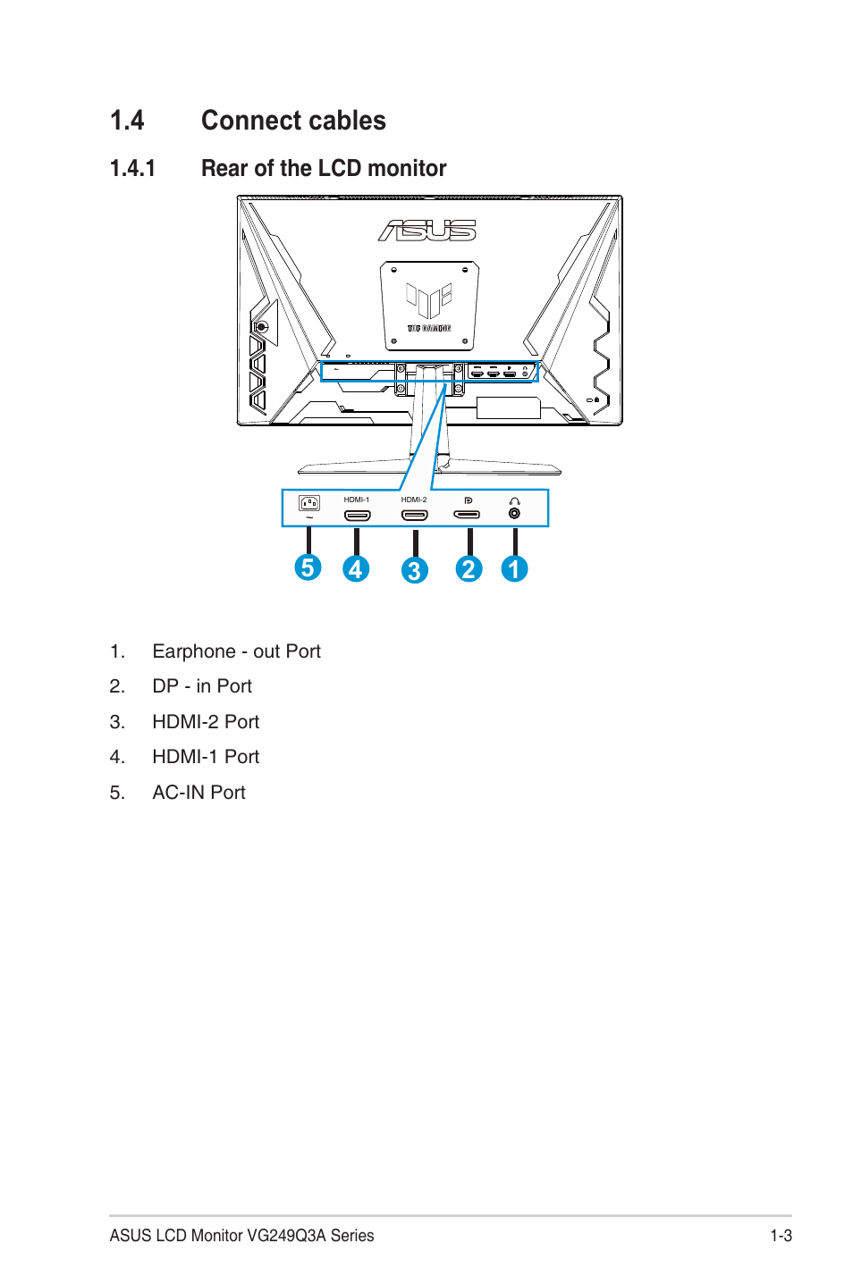 4 connect cables, 1 rear of the lcd monitor, Connect cables -3 | Rear of the lcd monitor -3 | Asus TUF Gaming VG249Q3A 23.8" 180 Hz Gaming Monitor User Manual | Page 12 / 26