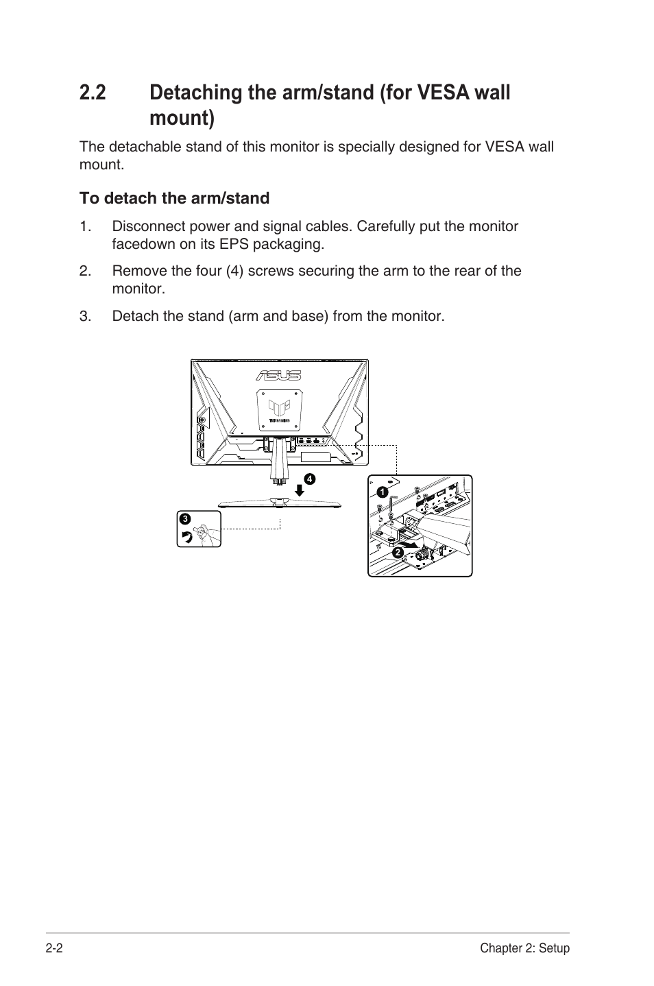 2 detaching the arm/stand (for vesa wall mount), Detaching the arm/stand (for vesa wall mount) -2 | Asus TUF Gaming VG249Q3A 23.8" 180 Hz Gaming Monitor User Manual | Page 16 / 26