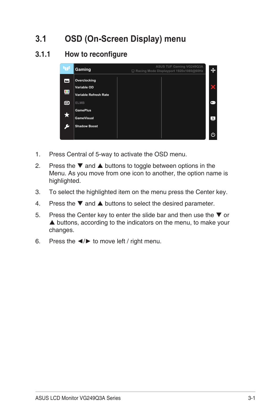 1 osd (on-screen display) menu, 1 how to reconfigure, Osd (on-screen display) menu -1 | How to reconfigure | Asus TUF Gaming VG249Q3A 23.8" 180 Hz Gaming Monitor User Manual | Page 18 / 26