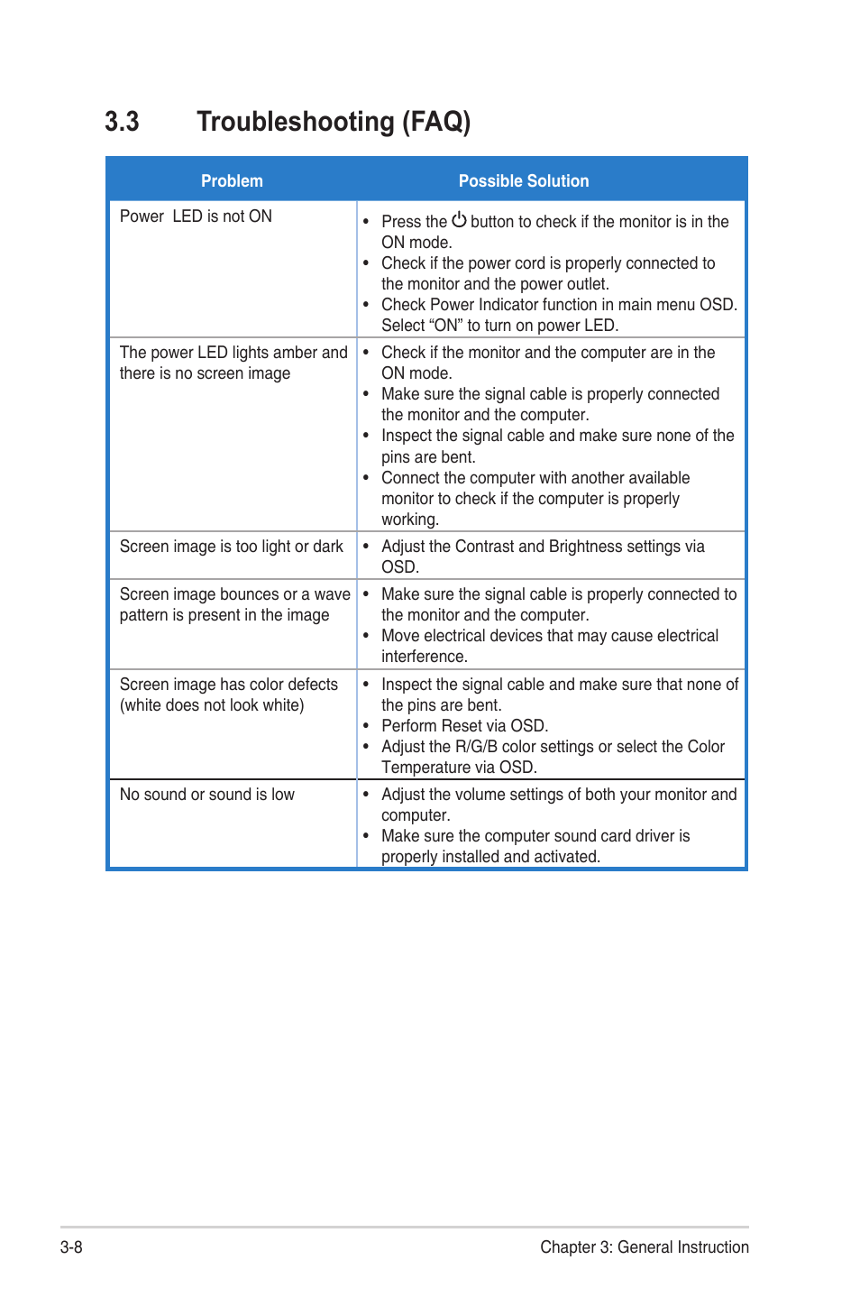 3 troubleshooting (faq), Troubleshooting (faq) -8 | Asus TUF Gaming VG249Q3A 23.8" 180 Hz Gaming Monitor User Manual | Page 25 / 26