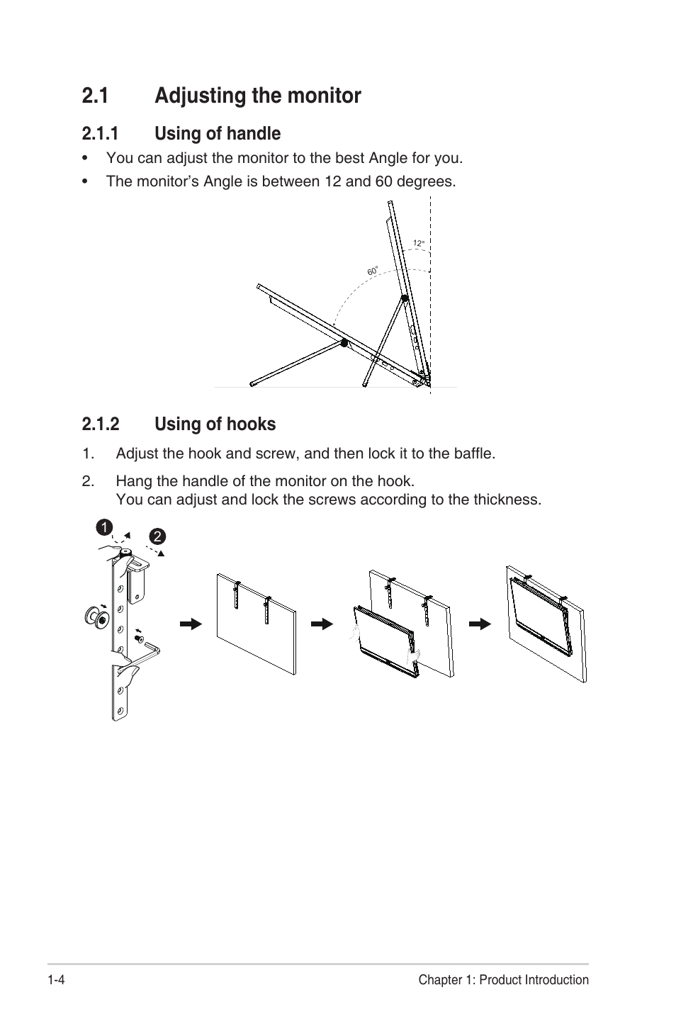 1 adjusting the monitor, 1 using of handle, 2 using of hooks | Adjusting the monitor -4, Using of handle -4, Using of hooks -4 | Asus ZenScreen MB249C 23.8" Portable Monitor User Manual | Page 10 / 26