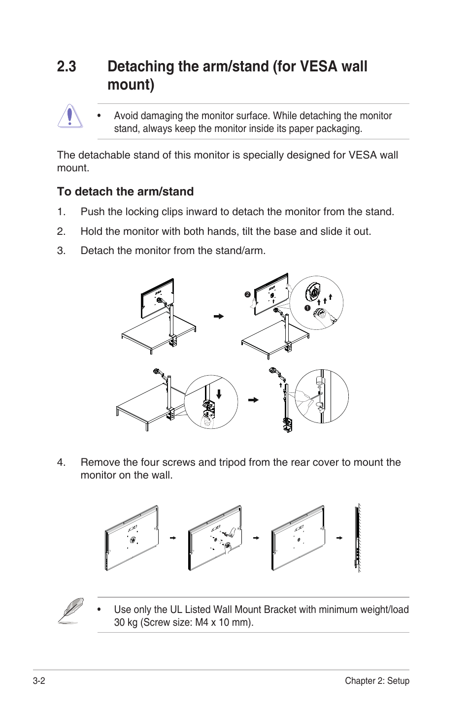 3 detaching the arm/stand (for vesa wall mount), Detaching the arm/stand (for vesa wall mount) -2 | Asus ZenScreen MB249C 23.8" Portable Monitor User Manual | Page 14 / 26