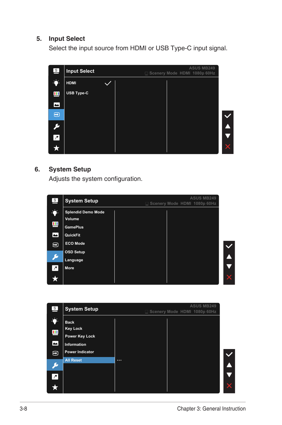 System setup adjusts the system configuration, 8 chapter 3: general instruction | Asus ZenScreen MB249C 23.8" Portable Monitor User Manual | Page 20 / 26