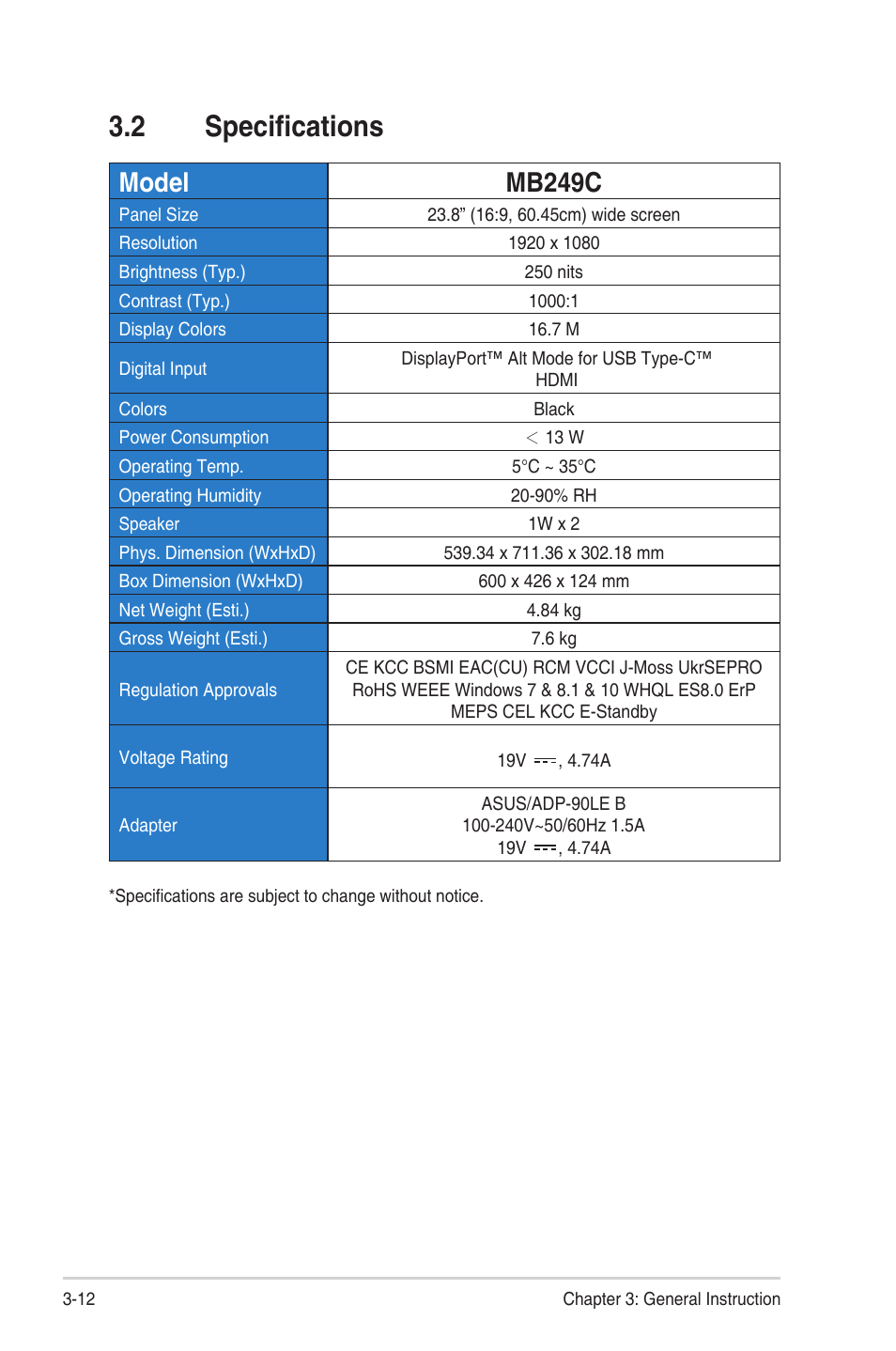 2 specifications, Specifications, Model mb249c | Asus ZenScreen MB249C 23.8" Portable Monitor User Manual | Page 24 / 26