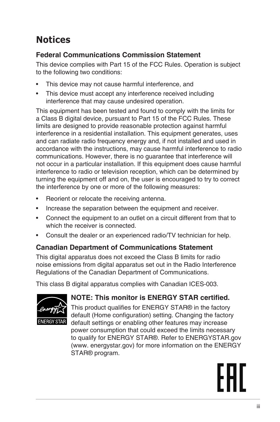 Notices | Asus ZenScreen MB249C 23.8" Portable Monitor User Manual | Page 3 / 26