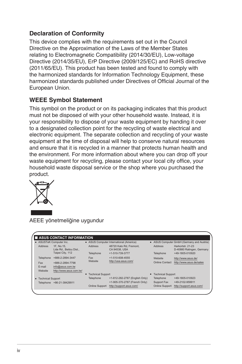 Declaration of conformity, Weee symbol statement | Asus ZenScreen MB249C 23.8" Portable Monitor User Manual | Page 4 / 26