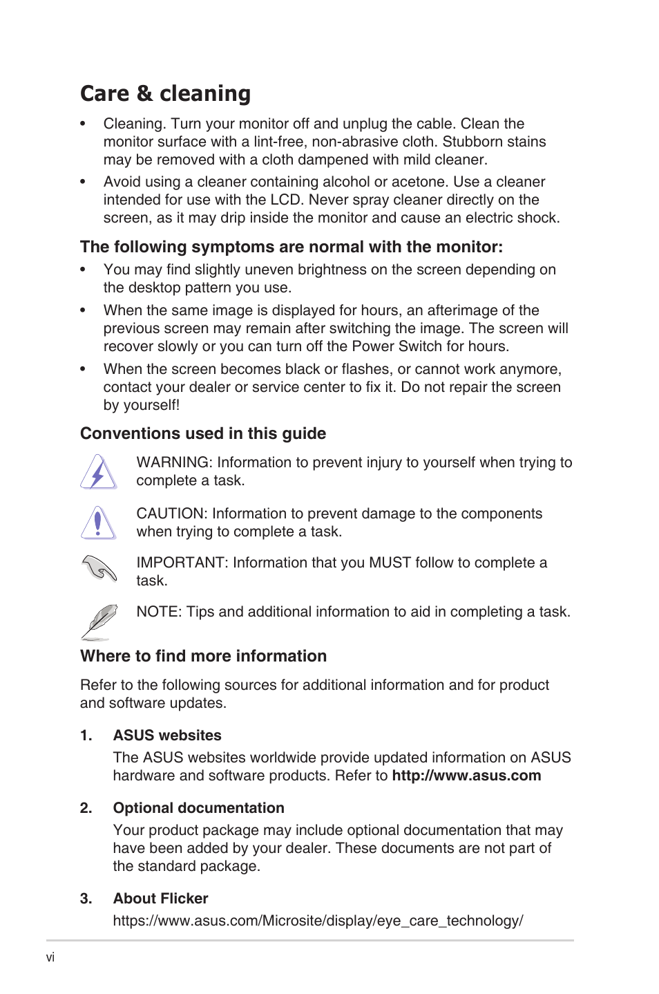 Care & cleaning | Asus ZenScreen MB249C 23.8" Portable Monitor User Manual | Page 6 / 26
