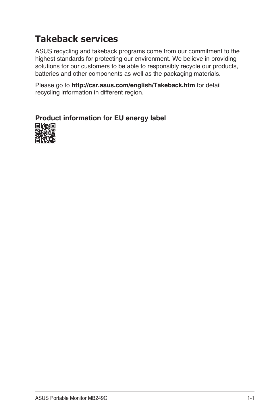 Takeback services, Takeback services -1 | Asus ZenScreen MB249C 23.8" Portable Monitor User Manual | Page 7 / 26
