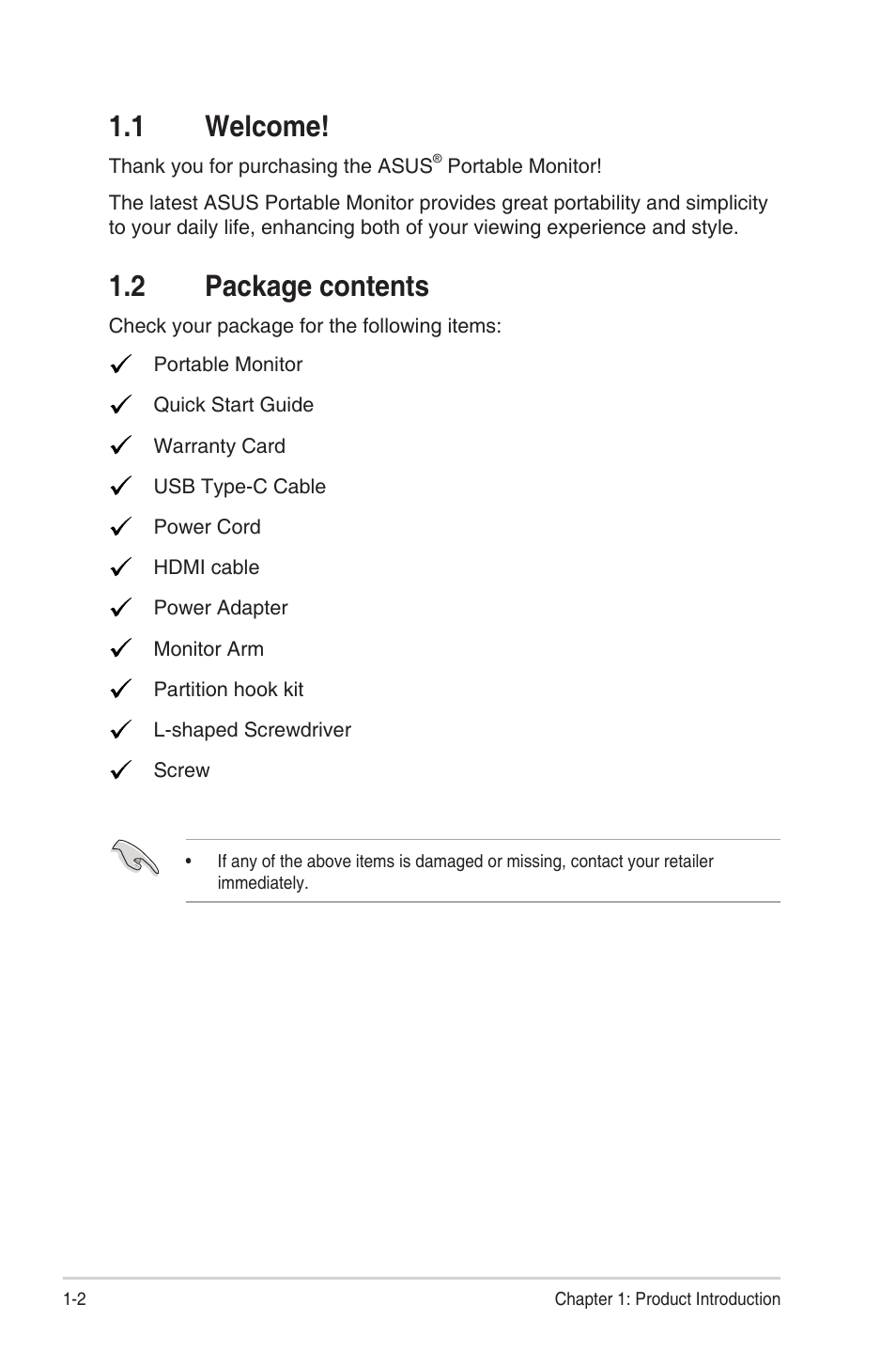 1 welcome, 2 package contents, 1 welcome! -2 1.2 | Package contents -2 | Asus ZenScreen MB249C 23.8" Portable Monitor User Manual | Page 8 / 26