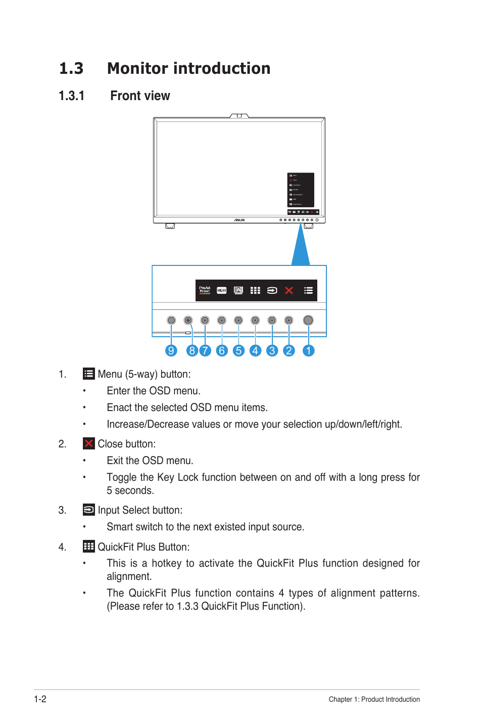 3 monitor introduction, 1 front view, Monitor introduction -2 | Front view | Asus ProArt Display OLED PA32DC 31.5" 4K HDR Monitor User Manual | Page 10 / 47