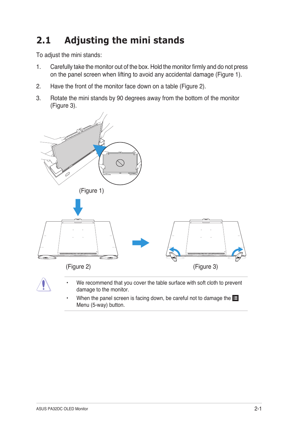 Chapter 2: setup, 1 adjusting the mini stands, Chapter 2 | Setup, Adjusting the mini stands -1 | Asus ProArt Display OLED PA32DC 31.5" 4K HDR Monitor User Manual | Page 17 / 47