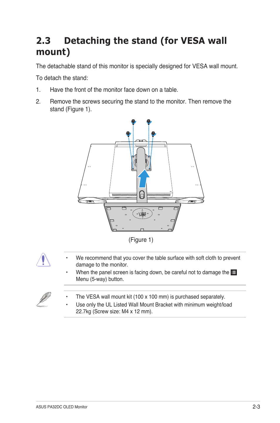 3 detaching the stand (for vesa wall mount), Detaching the stand (for vesa wall mount) -3 | Asus ProArt Display OLED PA32DC 31.5" 4K HDR Monitor User Manual | Page 19 / 47