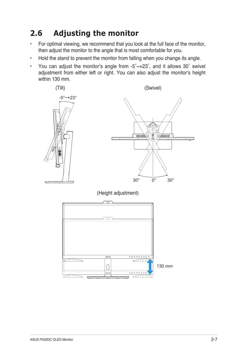 6 adjusting the monitor, Adjusting the monitor -7 | Asus ProArt Display OLED PA32DC 31.5" 4K HDR Monitor User Manual | Page 23 / 47