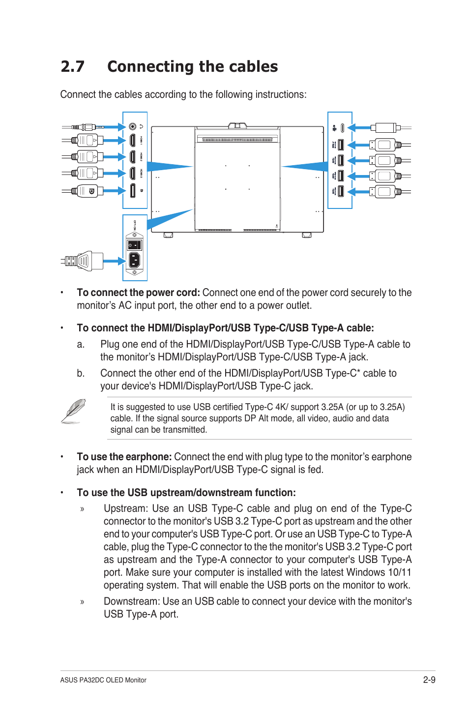 7 connecting the cables, Connecting the cables -9 | Asus ProArt Display OLED PA32DC 31.5" 4K HDR Monitor User Manual | Page 25 / 47