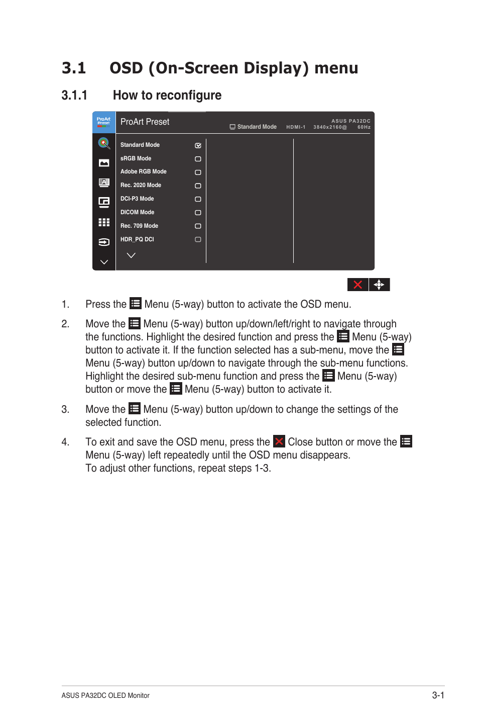 Chapter 3: general instructions, 1 osd (on-screen display) menu, 1 how to reconfigure | Chapter 3, General instructions, Osd (on-screen display) menu -1, How to reconfigure | Asus ProArt Display OLED PA32DC 31.5" 4K HDR Monitor User Manual | Page 27 / 47