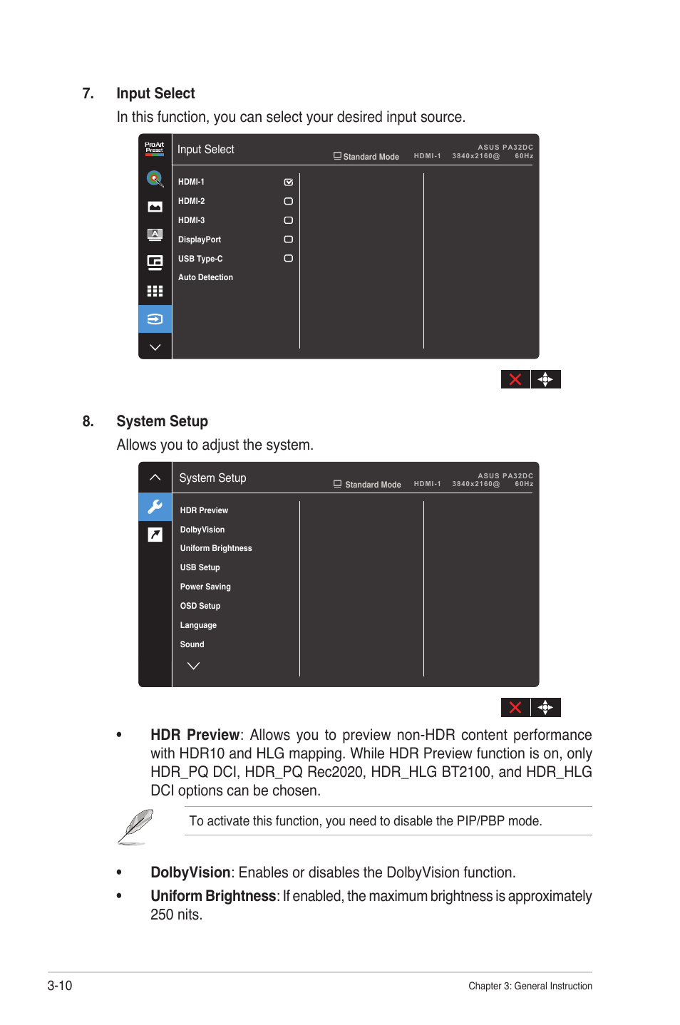 System setup allows you to adjust the system | Asus ProArt Display OLED PA32DC 31.5" 4K HDR Monitor User Manual | Page 36 / 47