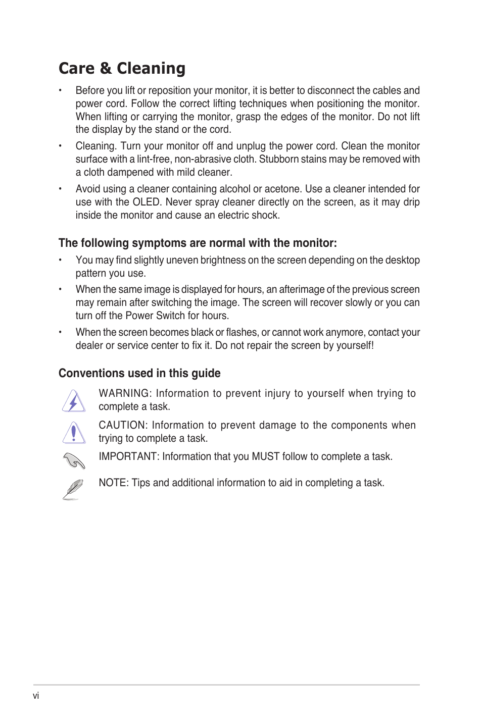 Care & cleaning | Asus ProArt Display OLED PA32DC 31.5" 4K HDR Monitor User Manual | Page 6 / 47
