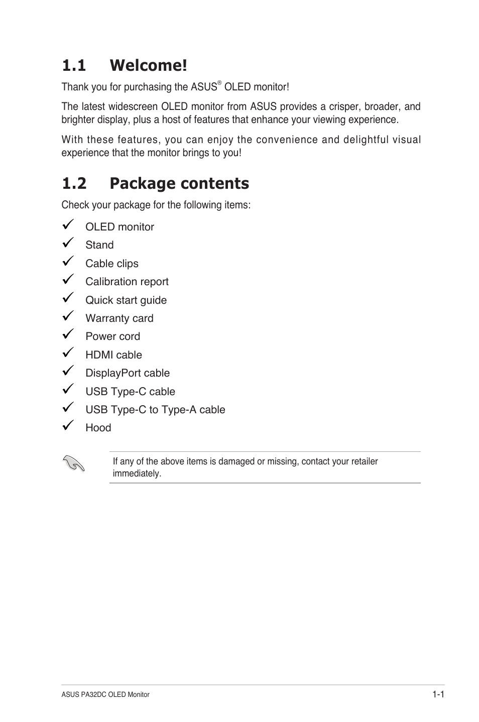 Chapter 1: product introduction, 1 welcome, 2 package contents | Chapter 1, Product introduction, 1 welcome! -1 1.2, Package contents -1 | Asus ProArt Display OLED PA32DC 31.5" 4K HDR Monitor User Manual | Page 9 / 47