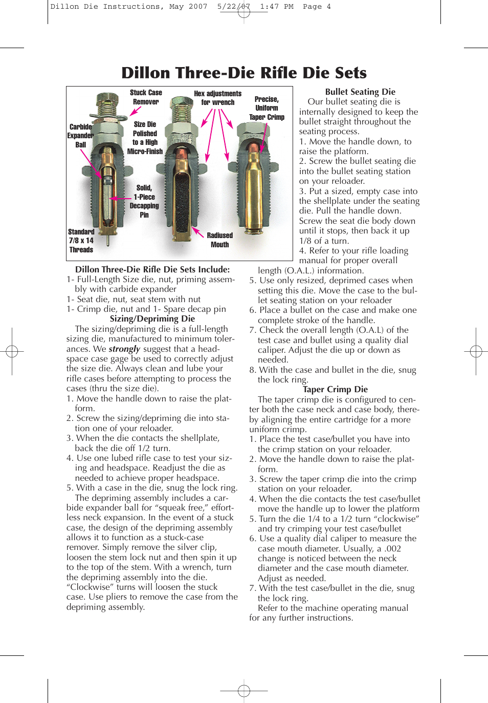 Dillon three-die rifle die sets | Dillon Hunting Equipment User Manual | Page 4 / 4