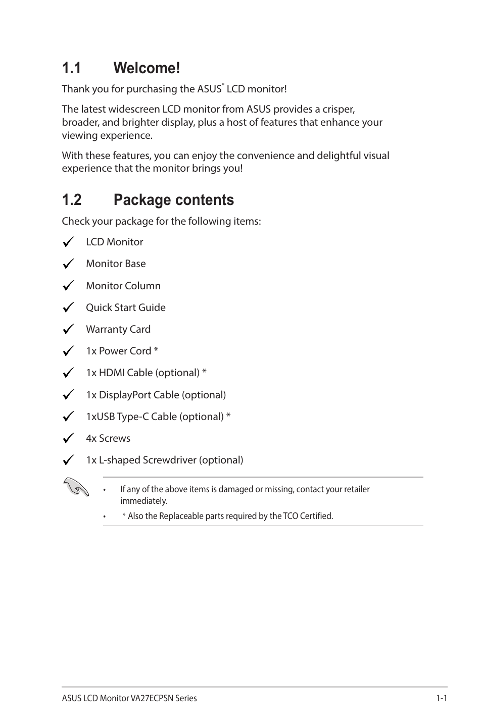 1 welcome, 2 package contents, 1 welcome! -1 1.2 | Package contents -1 | Asus VA27ECPSN 27" Monitor User Manual | Page 11 / 33