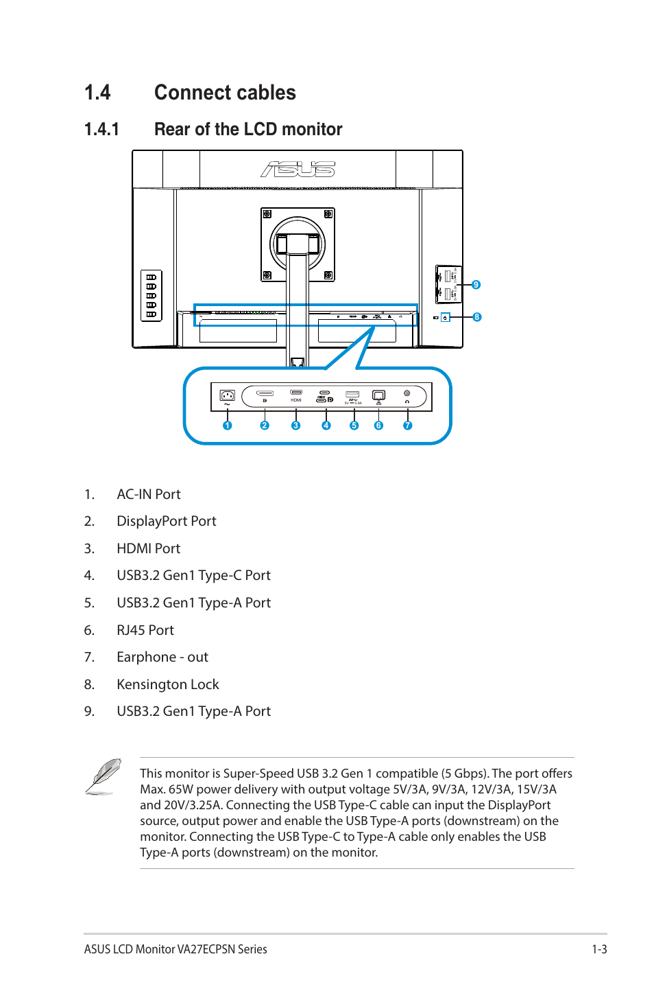 4 connect cables, 1 rear of the lcd monitor, Connect cables -3 | Rear of the lcd monitor -3 | Asus VA27ECPSN 27" Monitor User Manual | Page 13 / 33