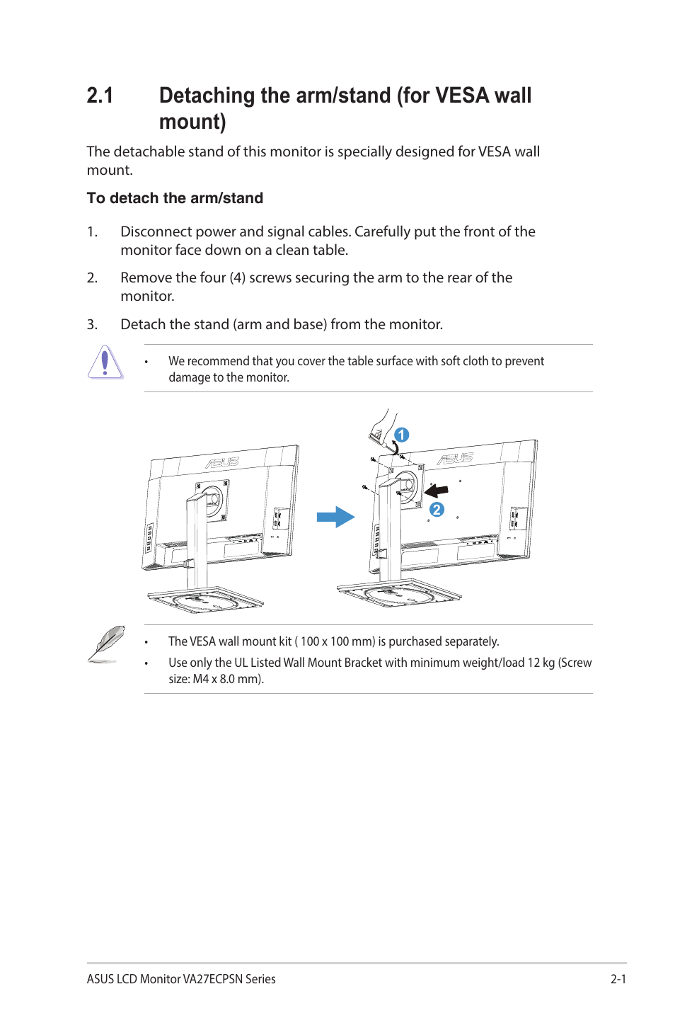 1 detaching the arm/stand (for vesa wall mount), Detaching the arm/stand (for vesa wall mount) -1 | Asus VA27ECPSN 27" Monitor User Manual | Page 18 / 33