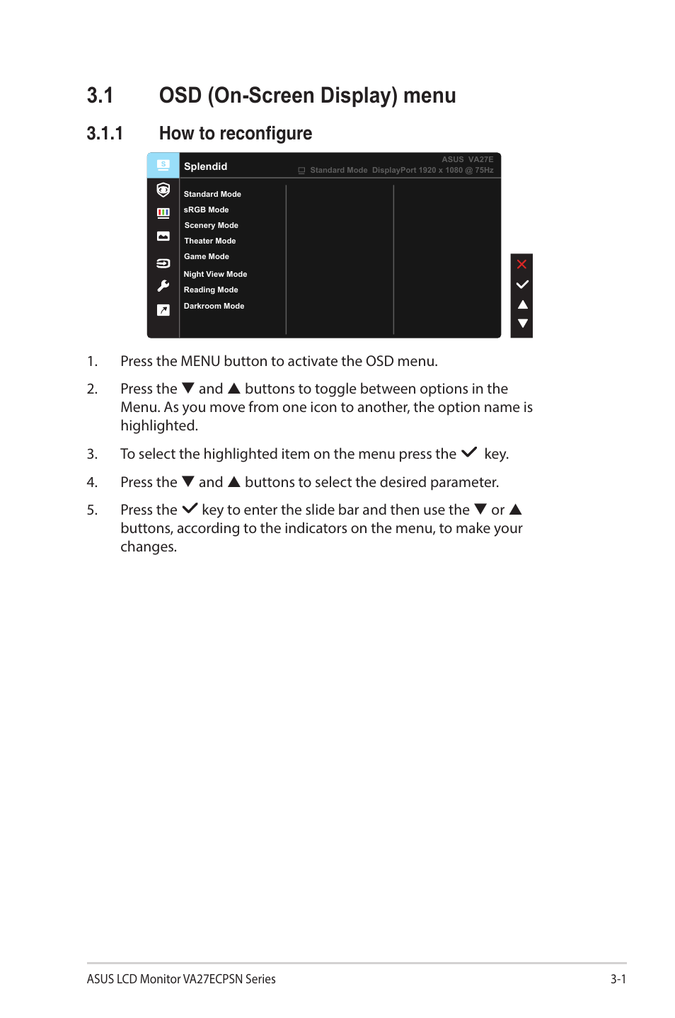 1 osd (on-screen display) menu, 1 how to reconfigure, Osd (on-screen display) menu -1 | How to reconfigure -1 | Asus VA27ECPSN 27" Monitor User Manual | Page 20 / 33