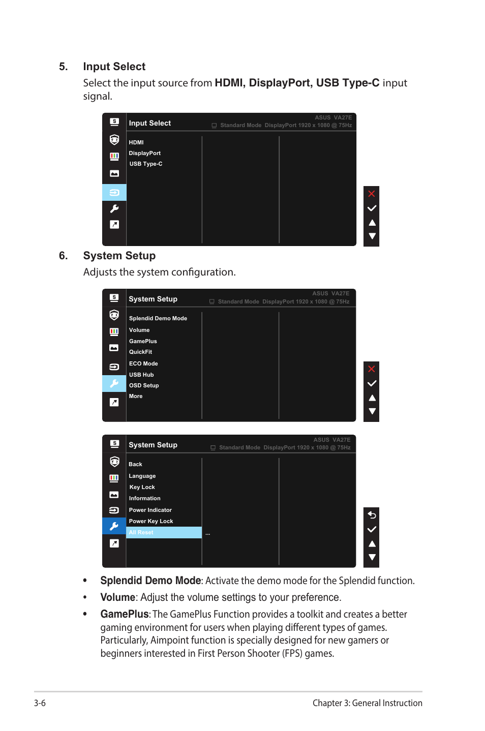 System setup adjusts the system configuration, 6 chapter 3: general instruction | Asus VA27ECPSN 27" Monitor User Manual | Page 25 / 33