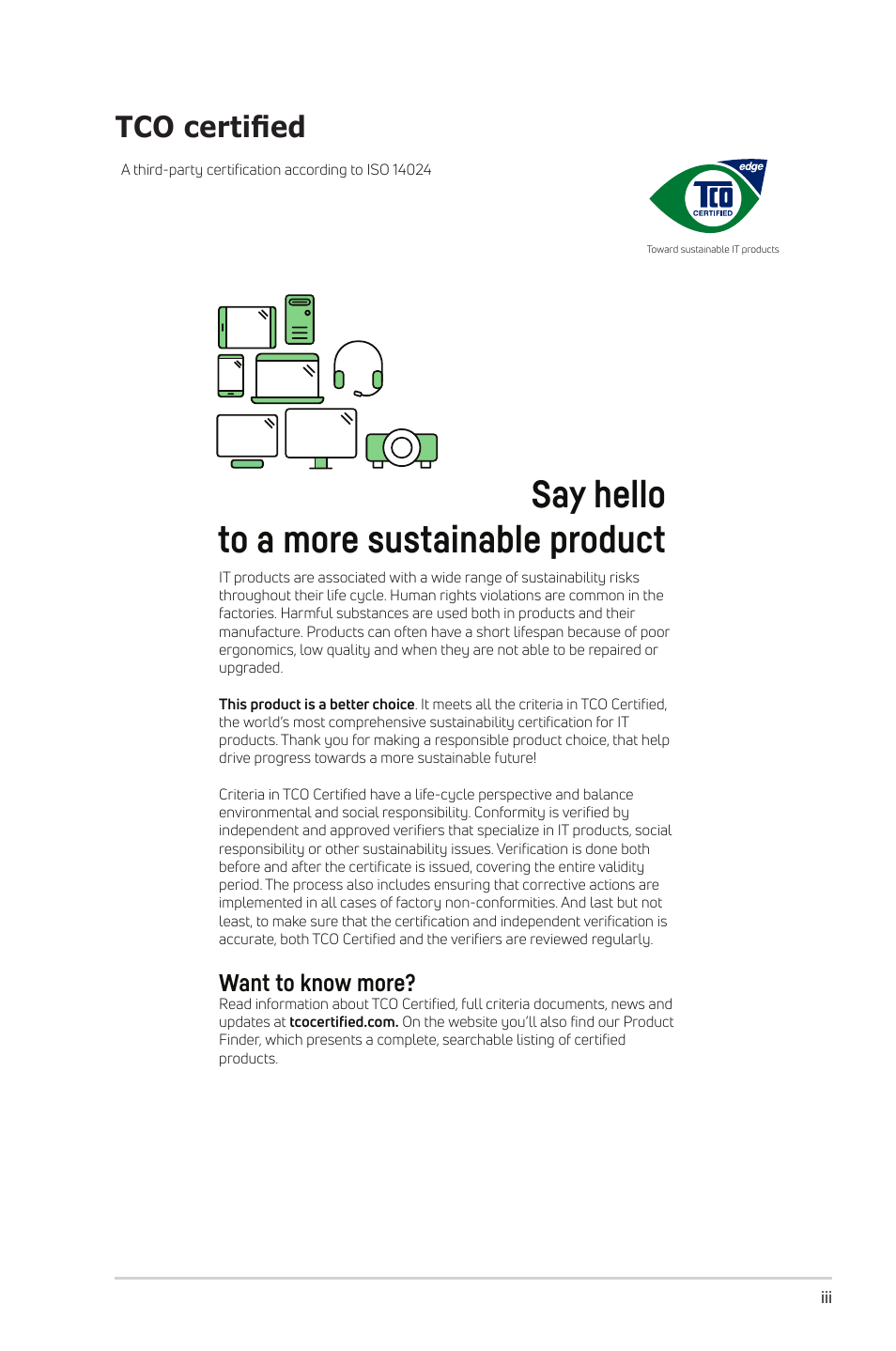 Tco certified, Say hello to a more sustainable product, Want to know more | Asus VA27ECPSN 27" Monitor User Manual | Page 3 / 33