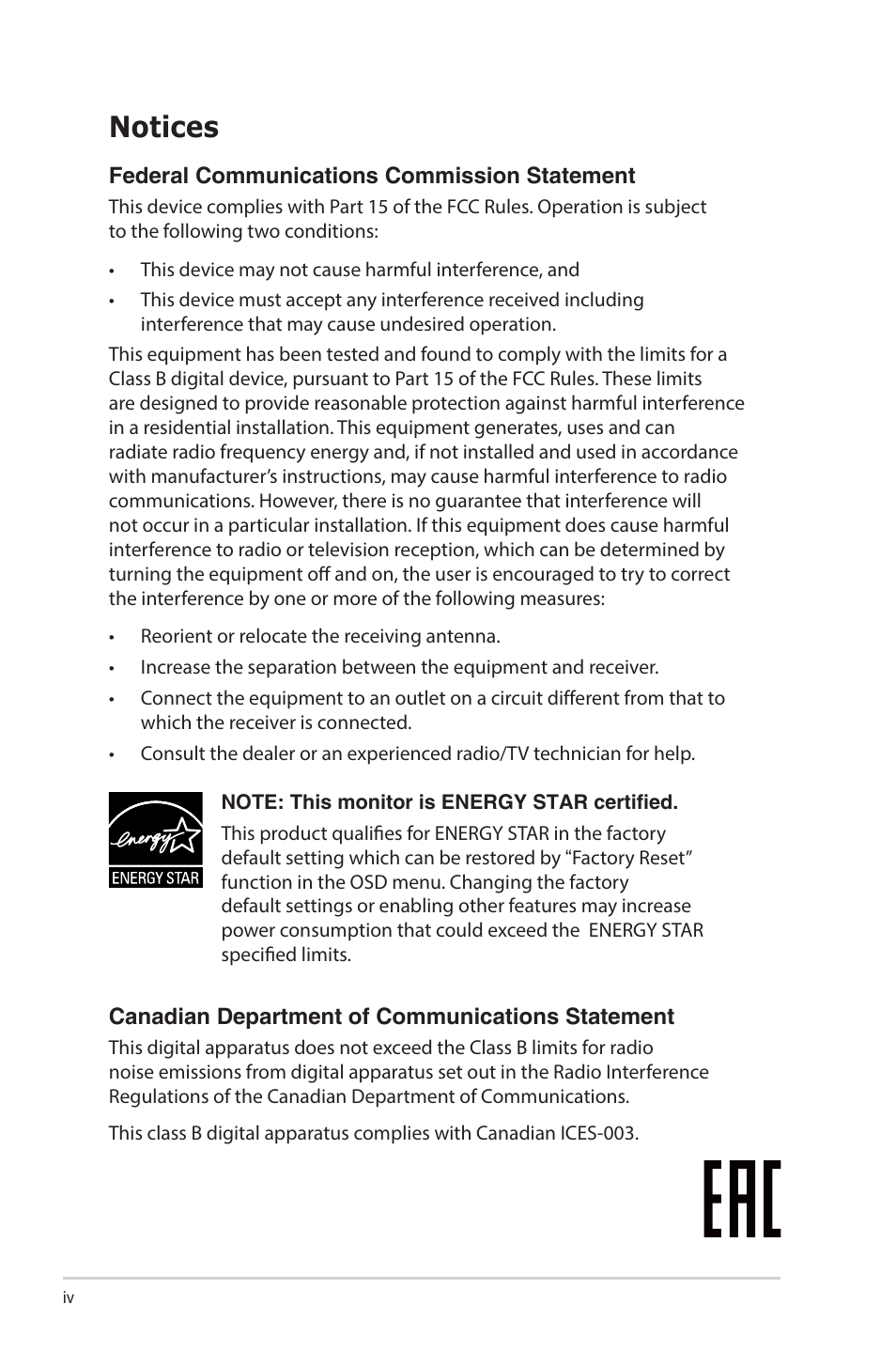 Notices | Asus VA27ECPSN 27" Monitor User Manual | Page 4 / 33