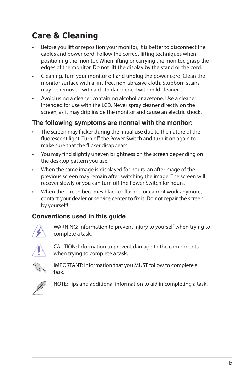 Care & cleaning | Asus VA27ECPSN 27" Monitor User Manual | Page 9 / 33