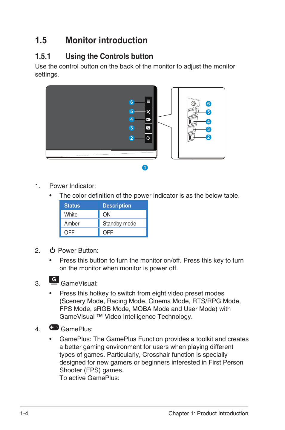 5 monitor introduction, 1 using the controls button | Asus Republic of Gamers Swift PG329QW 32" 1440p 175 Hz Gaming Monitor User Manual | Page 11 / 28