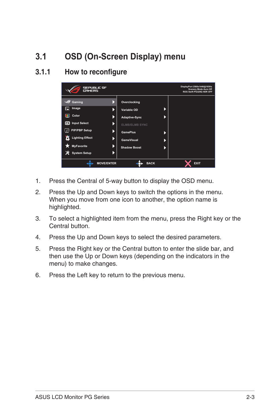 1 osd (on-screen display) menu, 1 how to reconfigure, 3 asus lcd monitor pg series | Asus Republic of Gamers Swift PG329QW 32" 1440p 175 Hz Gaming Monitor User Manual | Page 16 / 28
