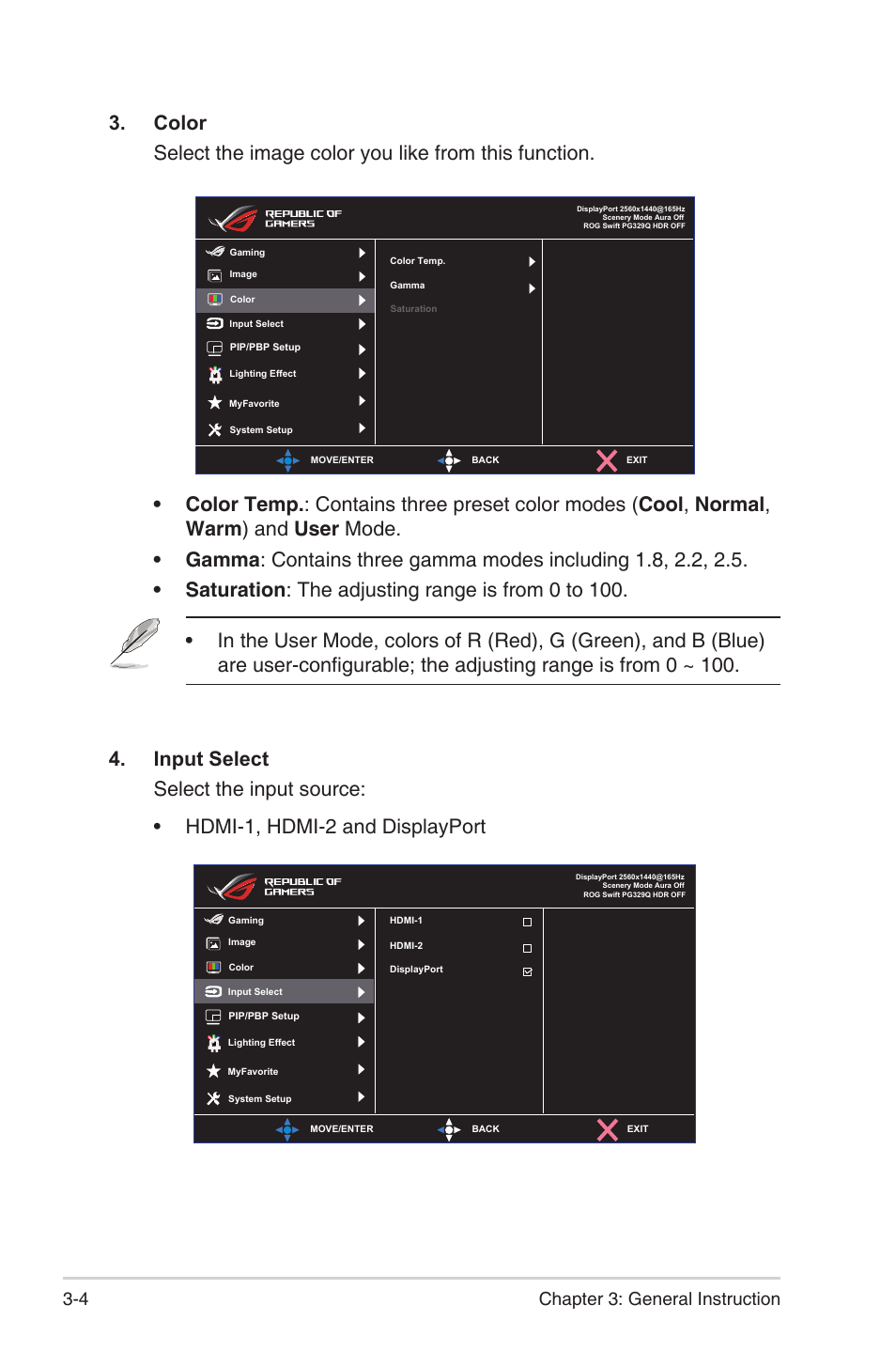 4 chapter 3: general instruction | Asus Republic of Gamers Swift PG329QW 32" 1440p 175 Hz Gaming Monitor User Manual | Page 20 / 28