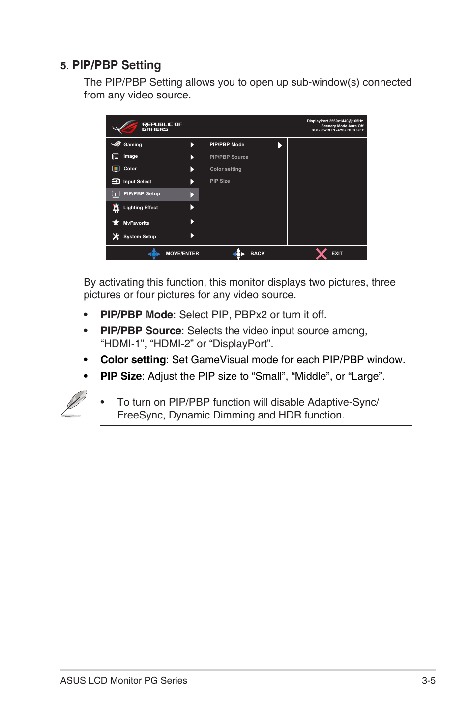 Pip/pbp setting, 5 asus lcd monitor pg series | Asus Republic of Gamers Swift PG329QW 32" 1440p 175 Hz Gaming Monitor User Manual | Page 21 / 28
