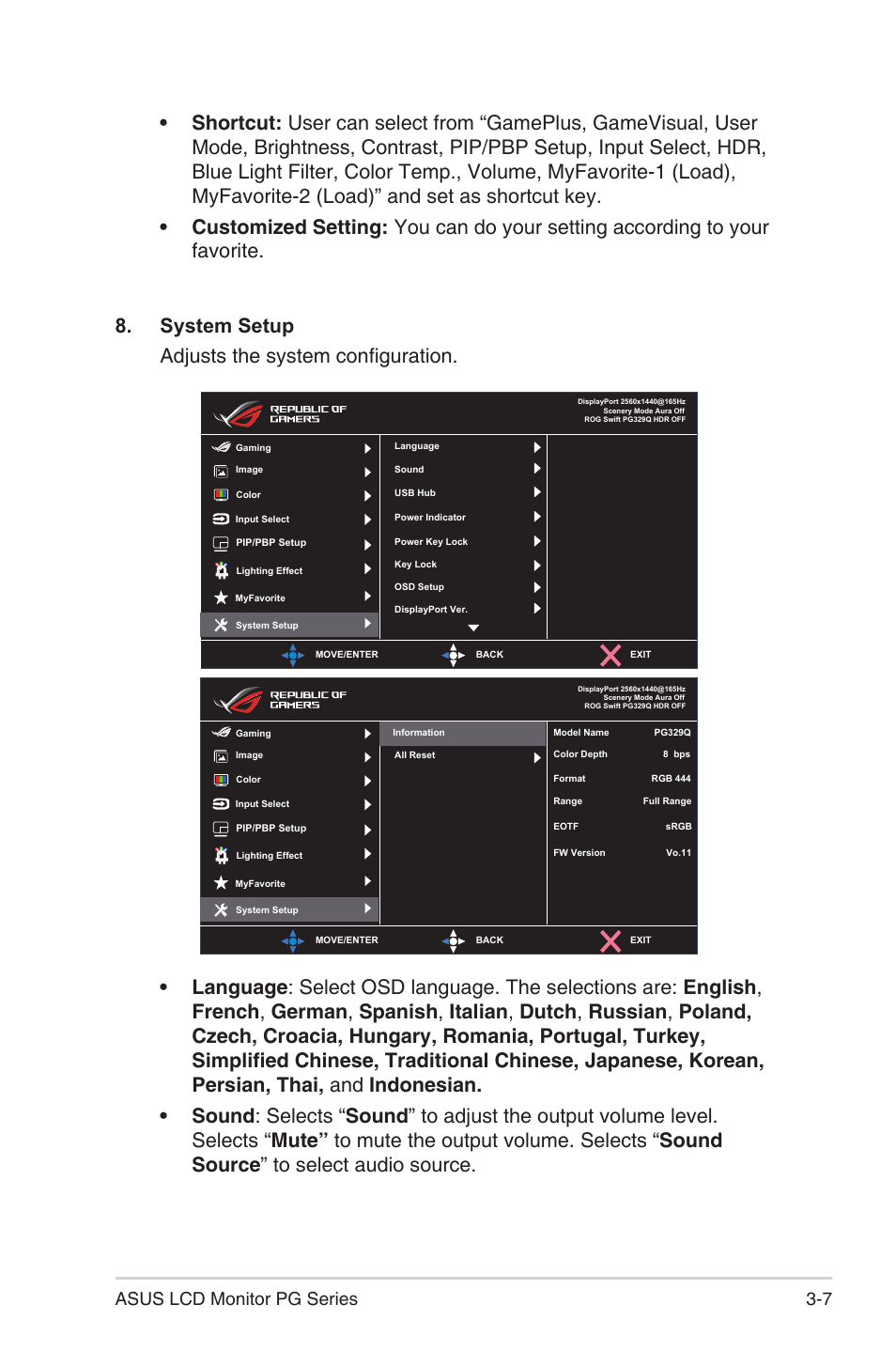 7 asus lcd monitor pg series | Asus Republic of Gamers Swift PG329QW 32" 1440p 175 Hz Gaming Monitor User Manual | Page 23 / 28