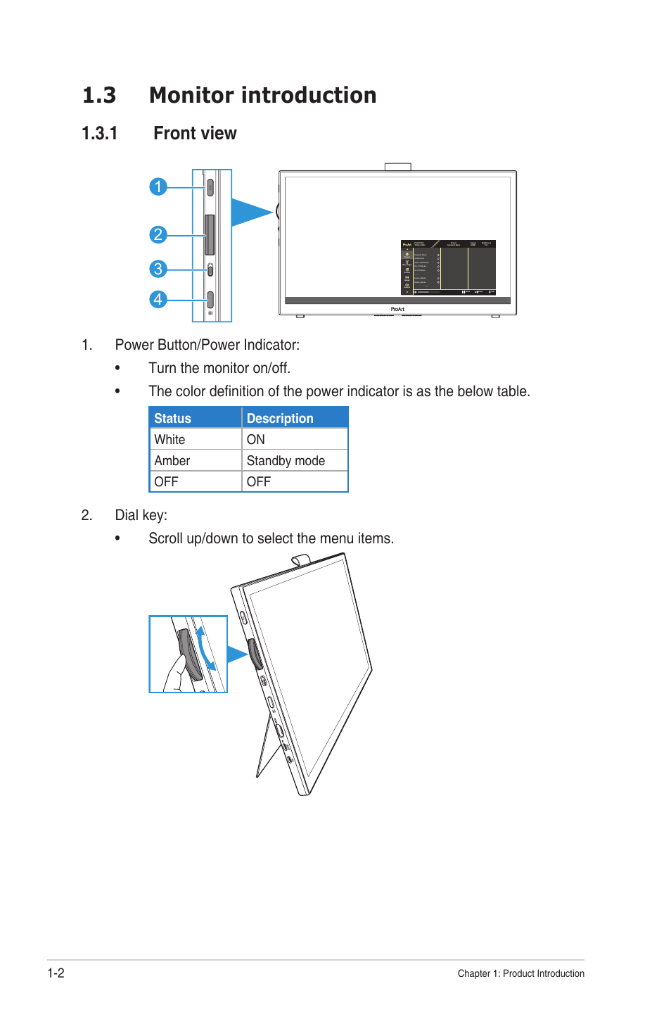3 monitor introduction, 1 front view, Monitor introduction -2 | Front view | Asus ProArt PA169CDV 15.6" Multi-Touch 4K HDR Portable Monitor & Pen Display User Manual | Page 10 / 35