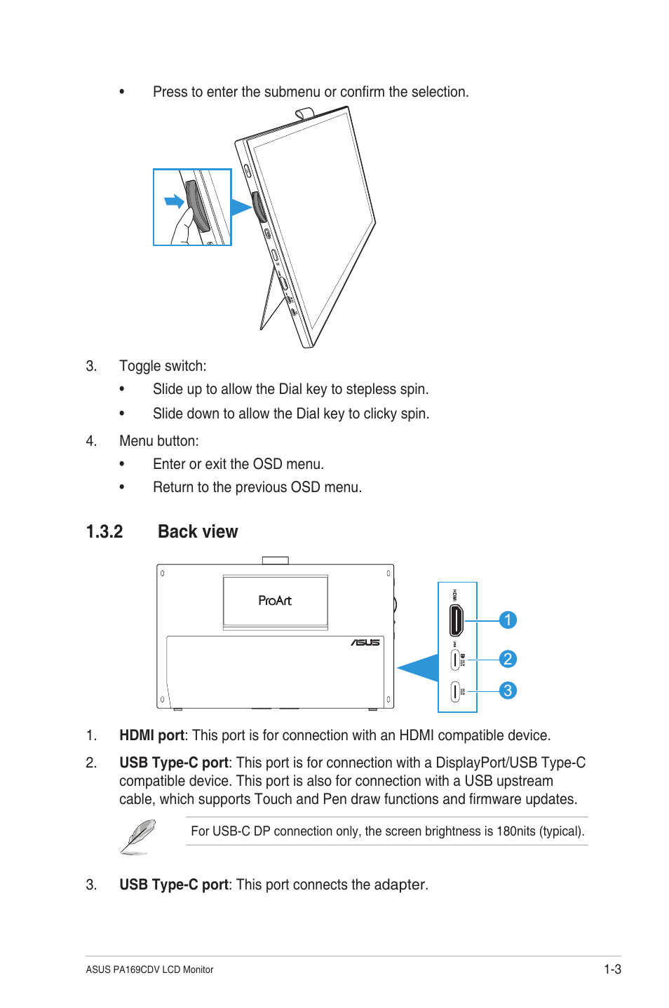 2 back view, Back view | Asus ProArt PA169CDV 15.6" Multi-Touch 4K HDR Portable Monitor & Pen Display User Manual | Page 11 / 35