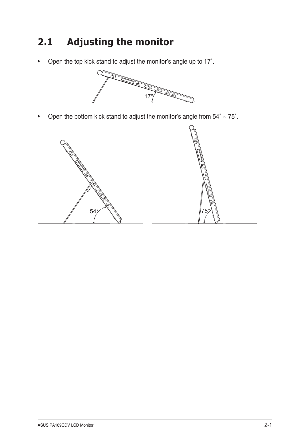 Chapter 2: setup, 1 adjusting the monitor, Adjusting the monitor -1 | Asus ProArt PA169CDV 15.6" Multi-Touch 4K HDR Portable Monitor & Pen Display User Manual | Page 15 / 35