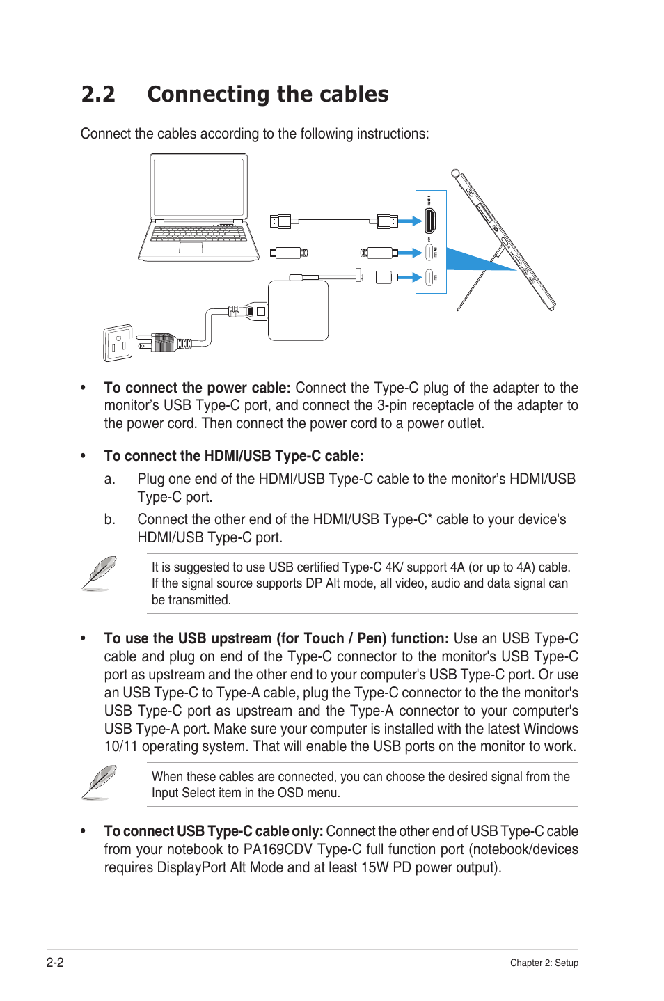 2 connecting the cables, Connecting the cables -2 | Asus ProArt PA169CDV 15.6" Multi-Touch 4K HDR Portable Monitor & Pen Display User Manual | Page 16 / 35