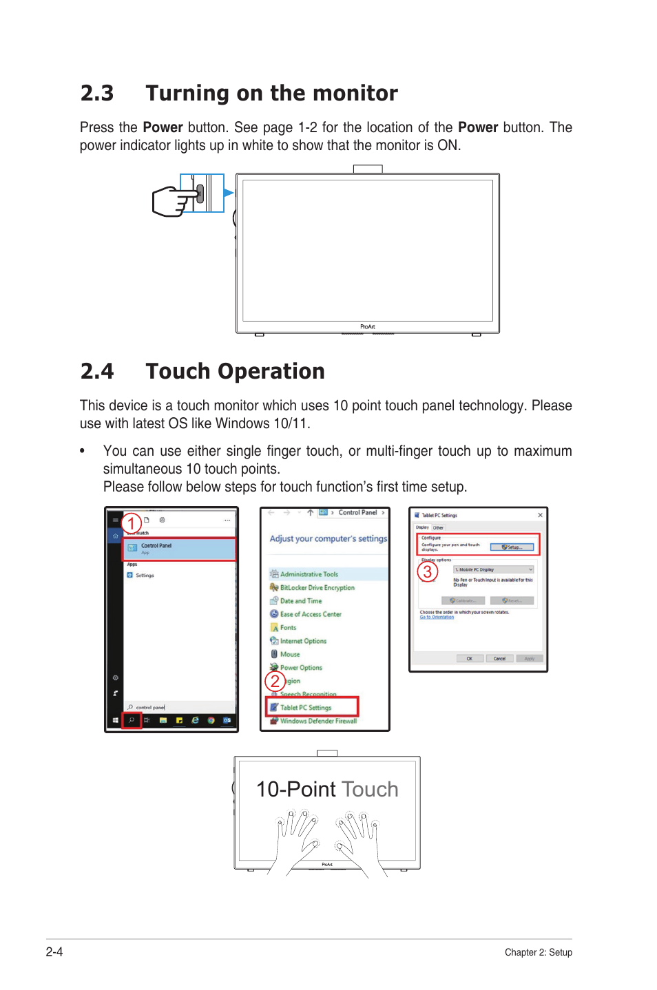3 turning on the monitor, 4 touch operation, Turning on the monitor -4 | Touch operation -4, Point touch | Asus ProArt PA169CDV 15.6" Multi-Touch 4K HDR Portable Monitor & Pen Display User Manual | Page 18 / 35