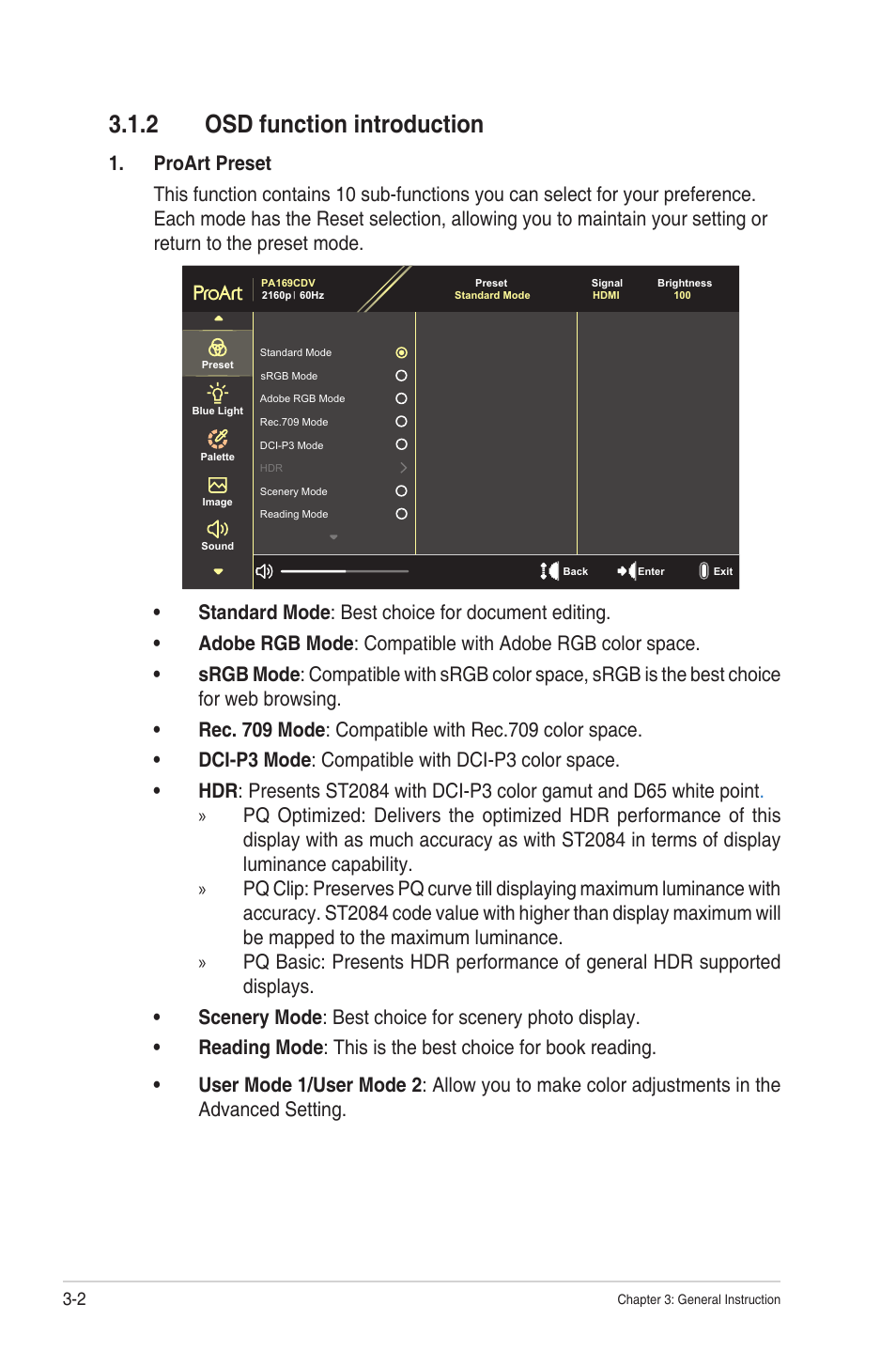 2 osd function introduction, Osd function introduction | Asus ProArt PA169CDV 15.6" Multi-Touch 4K HDR Portable Monitor & Pen Display User Manual | Page 21 / 35