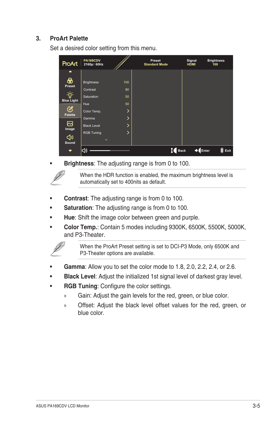 Brightness : the adjusting range is from 0 to 100 | Asus ProArt PA169CDV 15.6" Multi-Touch 4K HDR Portable Monitor & Pen Display User Manual | Page 24 / 35