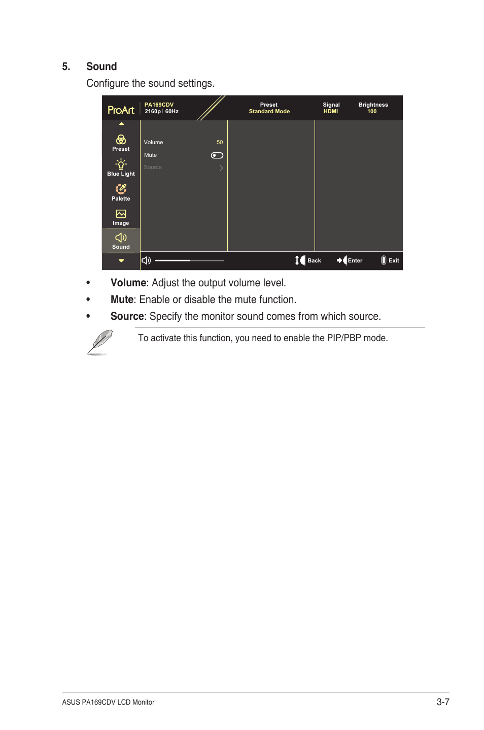 Sound configure the sound settings | Asus ProArt PA169CDV 15.6" Multi-Touch 4K HDR Portable Monitor & Pen Display User Manual | Page 26 / 35