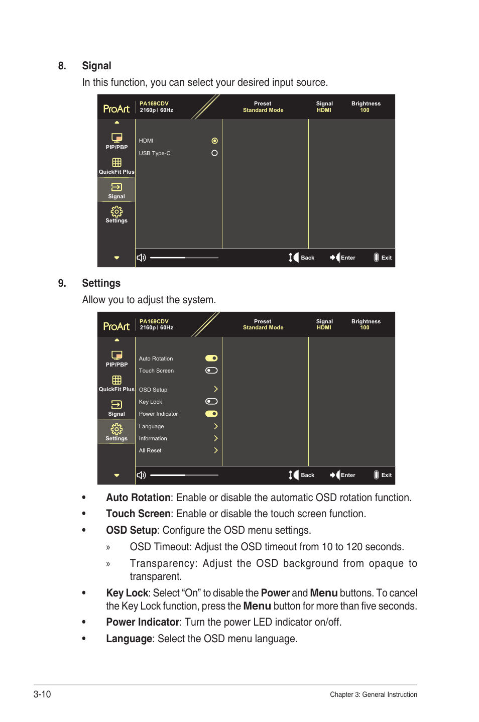 Settings allow you to adjust the system | Asus ProArt PA169CDV 15.6" Multi-Touch 4K HDR Portable Monitor & Pen Display User Manual | Page 29 / 35