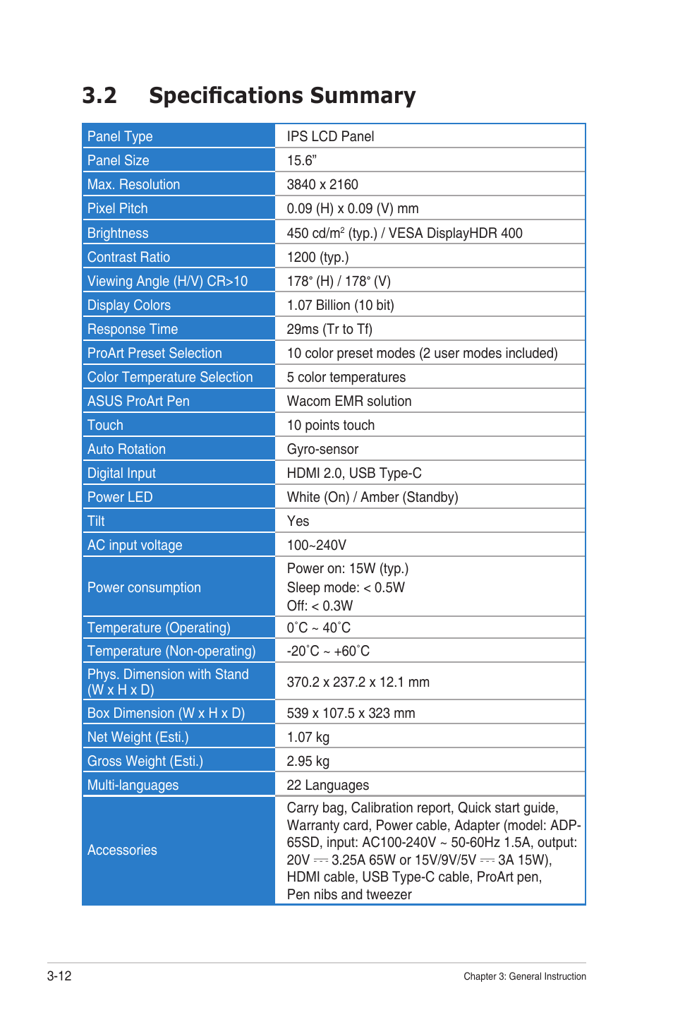 2 specifications summary, Specifications summary | Asus ProArt PA169CDV 15.6" Multi-Touch 4K HDR Portable Monitor & Pen Display User Manual | Page 31 / 35